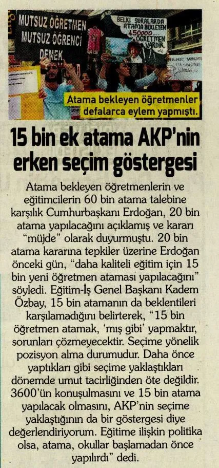 15 Bin ek atama AKP`nin erken seçim göstergesi-Korkusuz Gazzetesi-11/09/2021 | EĞİTİM İŞ