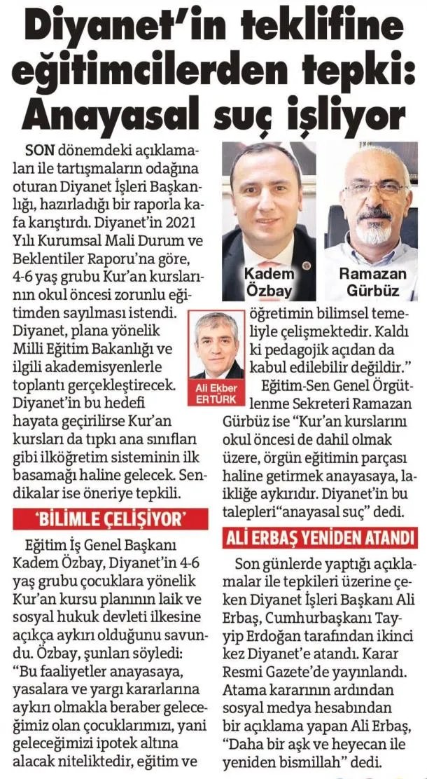 Diyanet`in teklifine eğitimcilerden tepki: