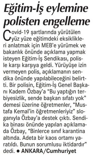 Eğitim İş Eylemine polisten engelleme-Cumhuriyet gazetesi-03/10/2021 | EĞİTİM İŞ