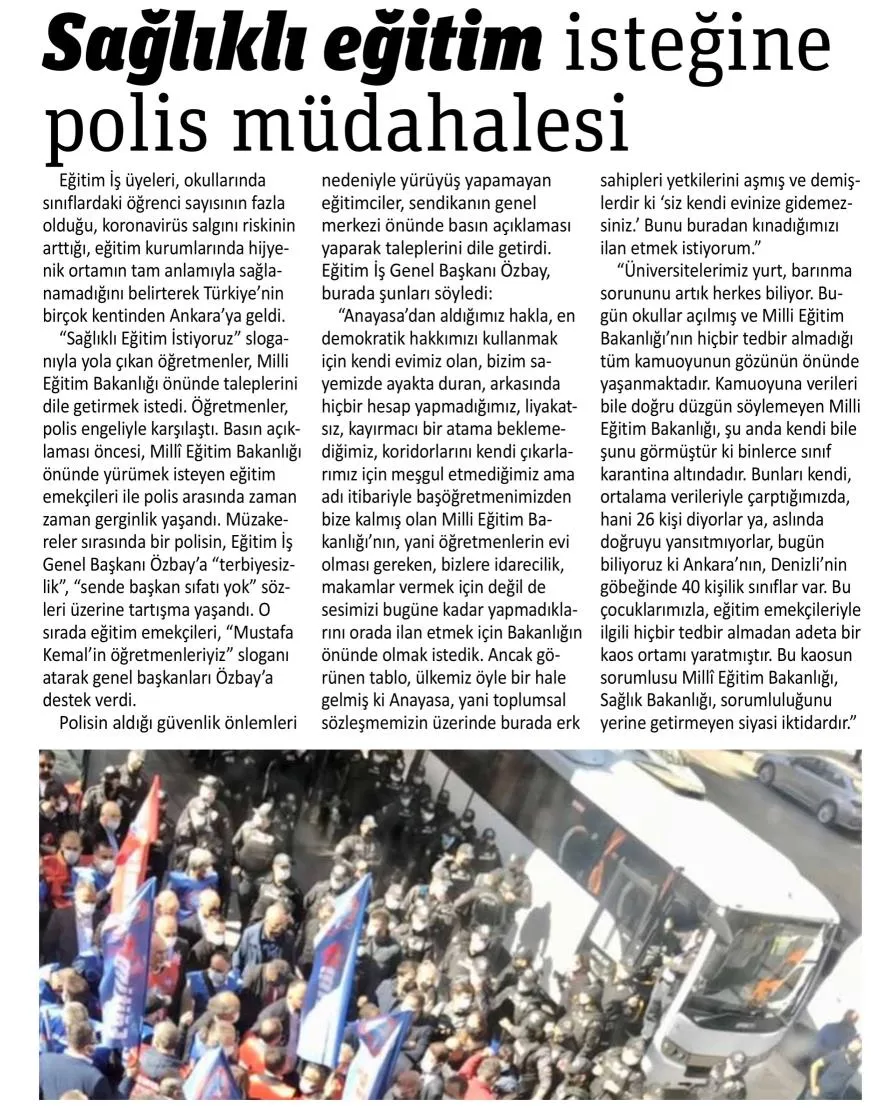 Sağlıklı eğitim isteğine polis müdahalesi-Gazete pencere-03/10/2021 | EĞİTİM İŞ