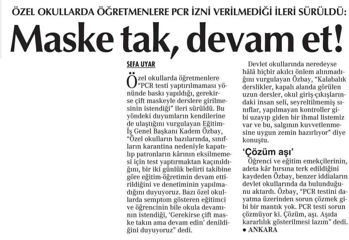 Maske tak devam et-Cumhuriyet gazetesi-12/10/2021 | EĞİTİM İŞ