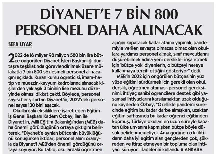 Diyanet`e 7800 personel daha alınacak-Cumhuriyet gazetesi-21/10/2021 | EĞİTİM İŞ