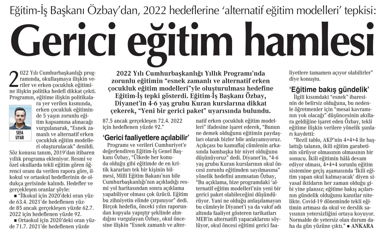 Gerici eğitim hamlesi-Cumhuriyet gazetesi-29/10/2021 | EĞİTİM İŞ