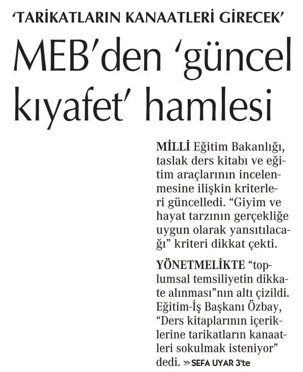 MEB`den güncel kıyafet hamlesi-Cumhuriyet gazetesi-09/11/2021 | EĞİTİM İŞ