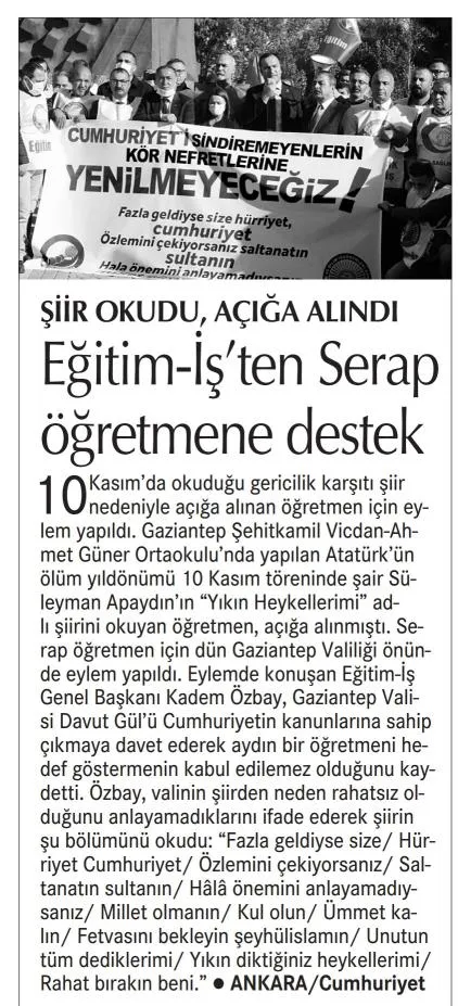 Şiir Okudu,Açığa Alındı:Eğitim İş`ten Serap Öğretmene destek-Cumhuriyet gazetesi-17/11/2021 | EĞİTİM İŞ