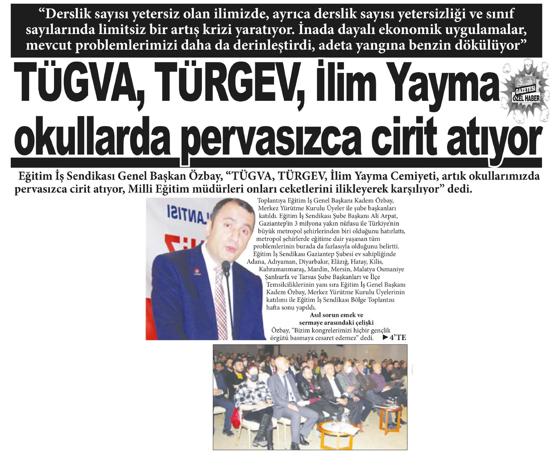 Tügva-Türgev-İlim Yayma Okullarda pervasızca cirit atıyor-Gaziantep Sabah Gazetesi-30/11/2021 | EĞİTİM İŞ