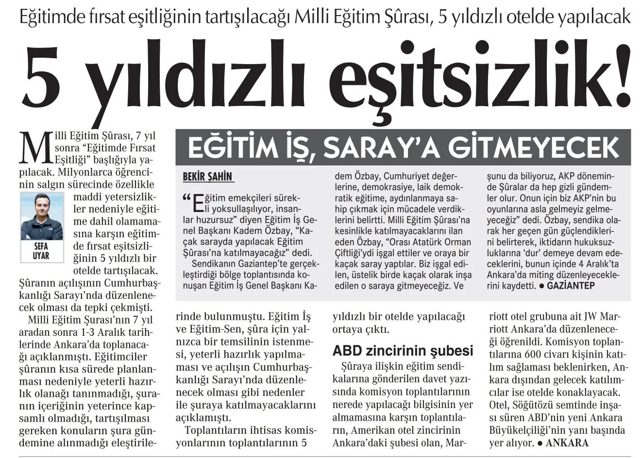 5 Yıldızlı Eşitsizlik!-Cumhuriyet Gazetesi-30.11.2021 | EĞİTİM İŞ