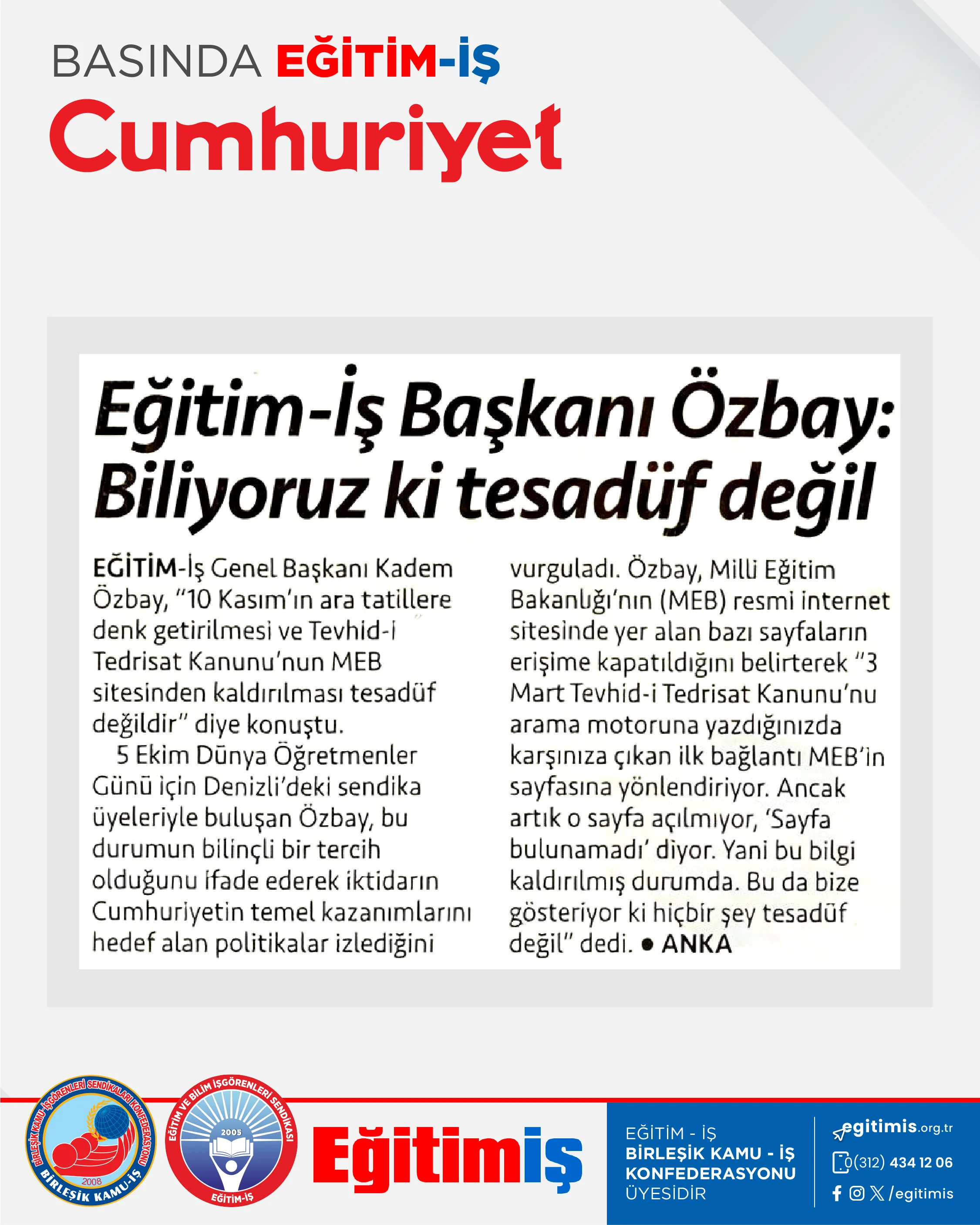 Eğitim-İş Başkanı Özbay: Biliyoruz ki tesadüf değil | EĞİTİM İŞ