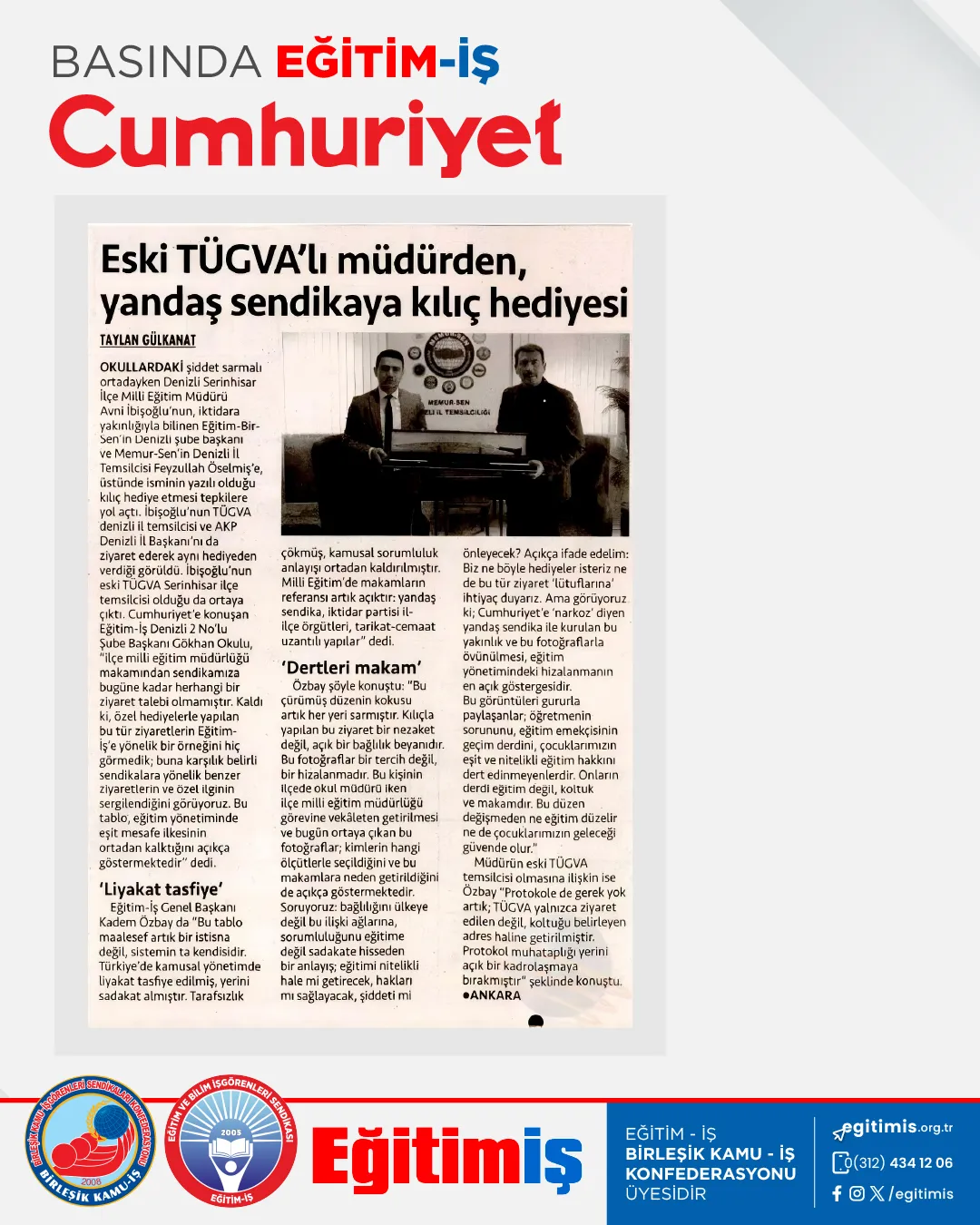Eski TÜGVA'lı müdürden, yandaş sendikaya kılıç hediyesi | EĞİTİM İŞ
