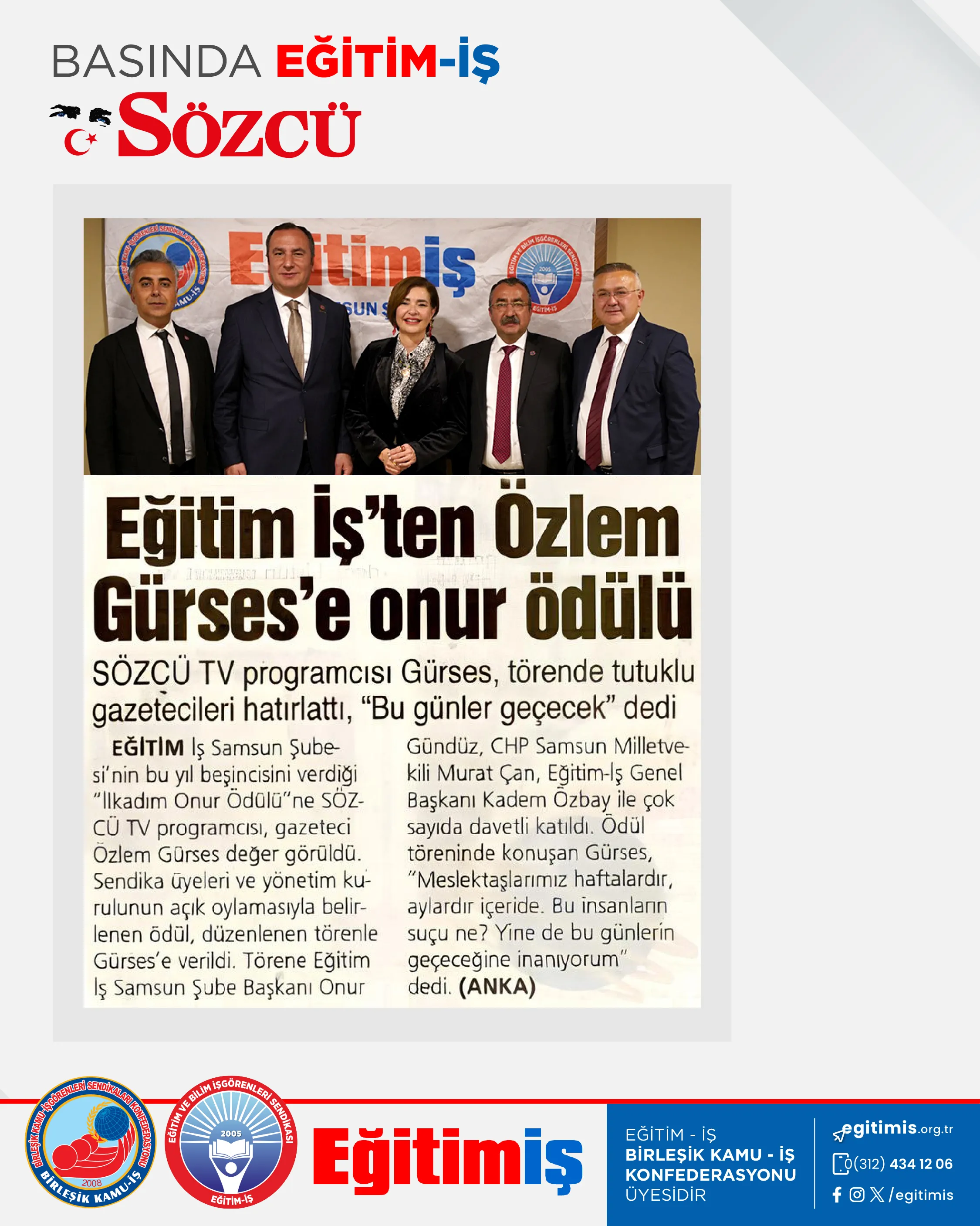 Eğitim-İş'ten Özlem Gürses'e onur ödülü | EĞİTİM İŞ