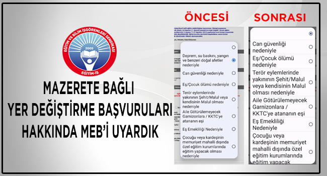 MAZERETE BAĞLI YER DEĞİŞTİRME BAŞVURULARI HAKKINDA MEB’İ UYARDIK | EĞİTİM İŞ