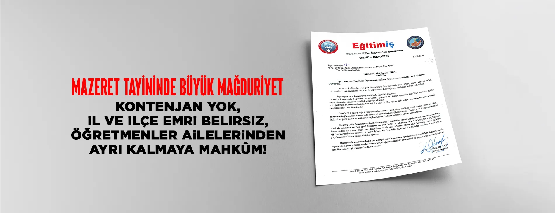 Mazeret Tayininde Büyük Mağduriyet: Kontenjan Yok, İl ve İlçe Emri Belirsiz, Öğretmenler Ailelerinden Ayrı Kalmaya Mahkûm! | EĞİTİM İŞ